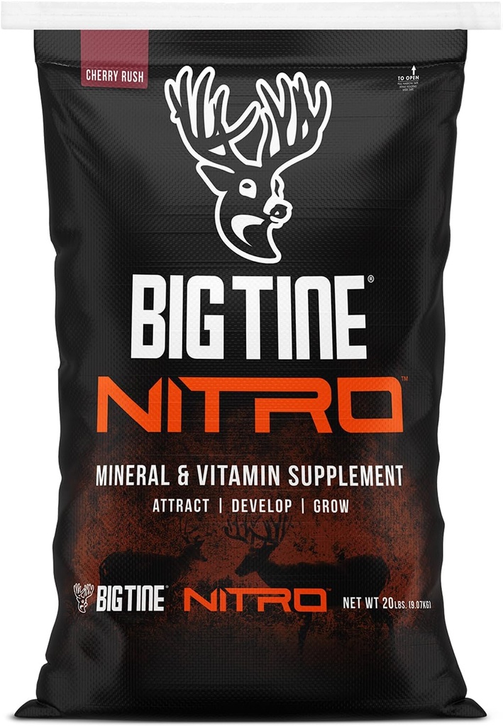 Big Tine Nitro, Hertensupplement, 20 lbs zak, Cherry Rush geur, krachtige en langdurige geur, hoge biologische beschikbaarheid, verpakt met vitaminen en mineralen