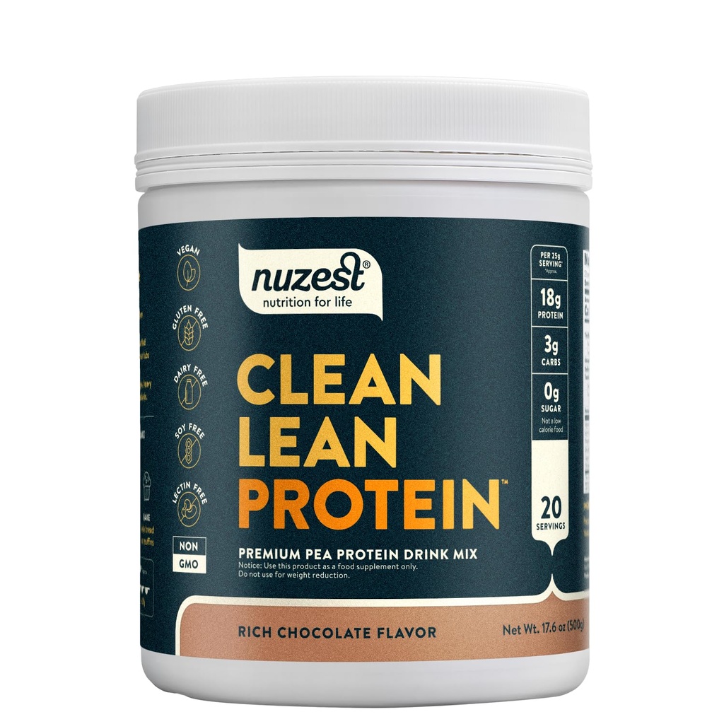 Nuzest - Poudre de protéines de pois - Protéines propres, Poudre de protéines à base végétale premium, Sans lait, Sans gluten, Sans OGM, Agiter les protéines, Chocolat riche, 20 portions, 1,1 lb