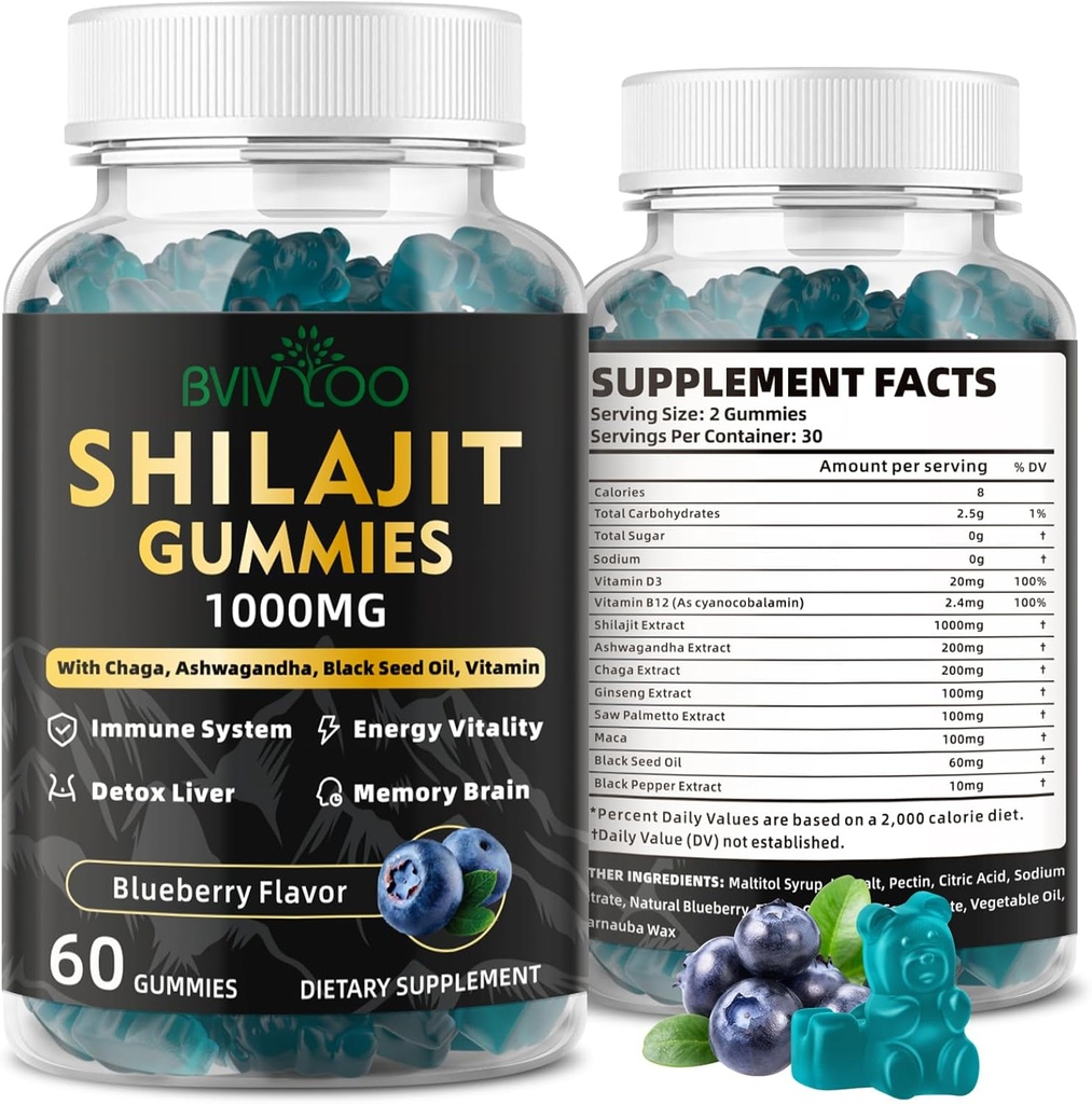 Shilajit Gummies for Men & Women - Sugar-Free Shilajit Supplement rijk aan 85+ Trace Minerals & Fulvic Acid, het verstrekken van energie, hersenen en immuniteit ondersteuning - 60 Gummies