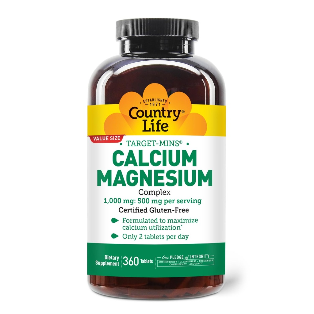Country Life Cible-Mins Calcium Magnésium Supplément pour la santé osseuse, 1000mg Calcium, 500mg Magnésium, sans gluten, 2:1 Rapport pour une utilisation optimale