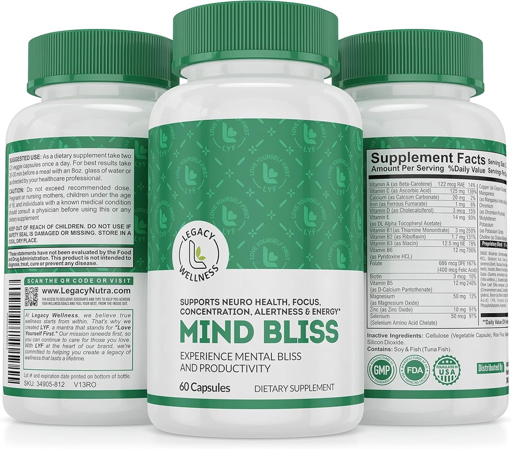 Supplément Cerveau Bliss Mind : 40 ingrédients Mémoire, Focus & Clarity Vitamines, Energy Boost & Nootropic Support avec DMAE, 60 pilules