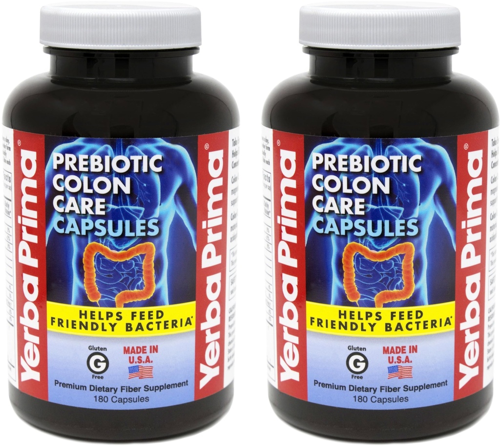Yerba Prima Prebiotic Colon Care Capsules Dieet Fiber, 180 Tellen, (pakket van 2) - Vijf vormen van Fiber Plus FOS Prebiotica Supplement - Oplosbaar & Onoplosbaar voor Regularity & Digestieve Ondersteuning