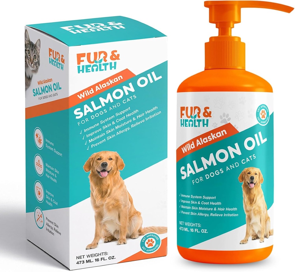 Fur & Health Wild Alaska Salmon Oil with Omega 3 for Dogs & Cats - Natural Fish Oil Supplement Healthy Skin, Shiny Coat & Joint Support - Pure EPA & DHA Formula for Pet Immune Health 16oz