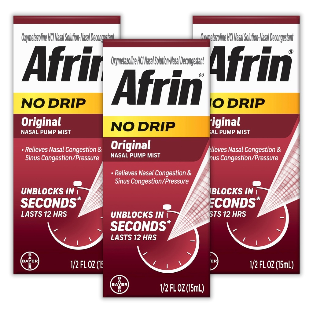AFRIN No Drip Original Nasal Mist Triple Pack, Non-Drowsy, Fast-Acting Decongestant for Nasal Congestie en Sinus Pressure Relief, Volwassenen en Kinderen 6 en Ouder, .5 fl oz (Pack of 3)
