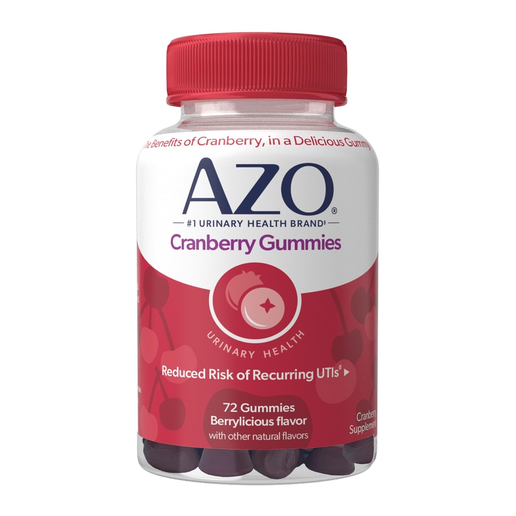 AZO Cranberry Urinary Tract Health Gummies Dieetsupplement, 2 Gummies = 1 Glas van Cranberry Juice, helpt reinigen en beschermen, natuurlijke Berrylicious Flavor, Non-GMO, 72 Gummies