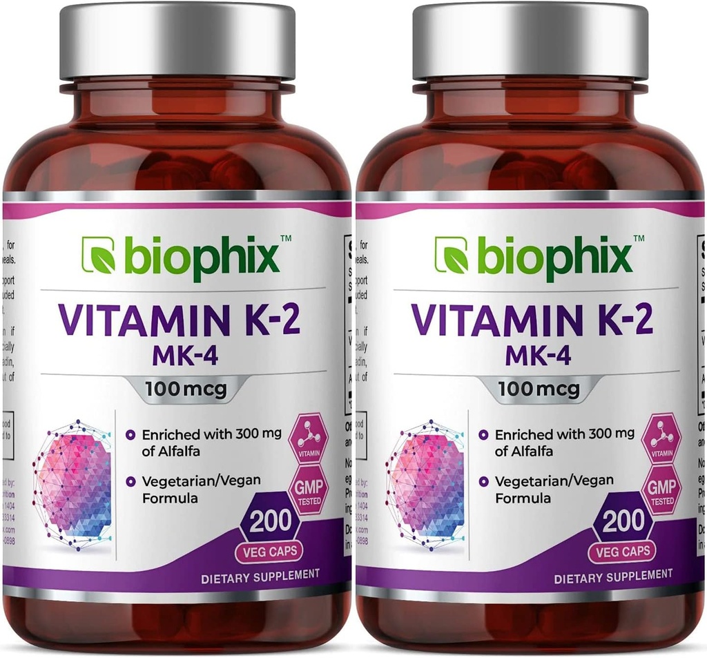 biophix Vitamine K2 MK-4-100 mcg 200 Caps met Alfalfa 2 Pack - Ondersteunt sterke botten Immune Health