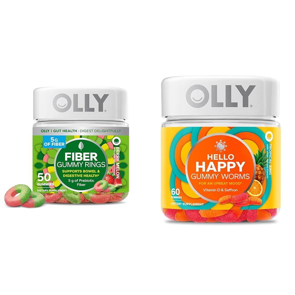 OLLY Fiber Gummy Rings, 5g Prebiotic Fiber, FOS (fructo-oligosacchariden), Digestive Support & Hello Happy Gummy Worms, Mood Balance Support, Vitamine D, Saffraan, Adult Chewable Supplement