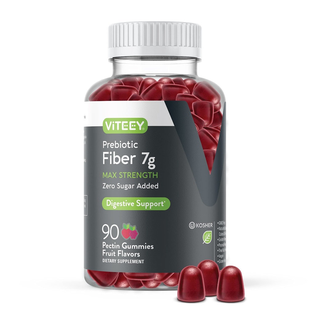 Viteey Prebiotic Fiber Gummies voor volwassenen, 7g - Gut Health & Digestief Oplosbare vezel Supplement Gummies - Zero Sugar Added, Vegan, Gluten-Free - 90 Tel.