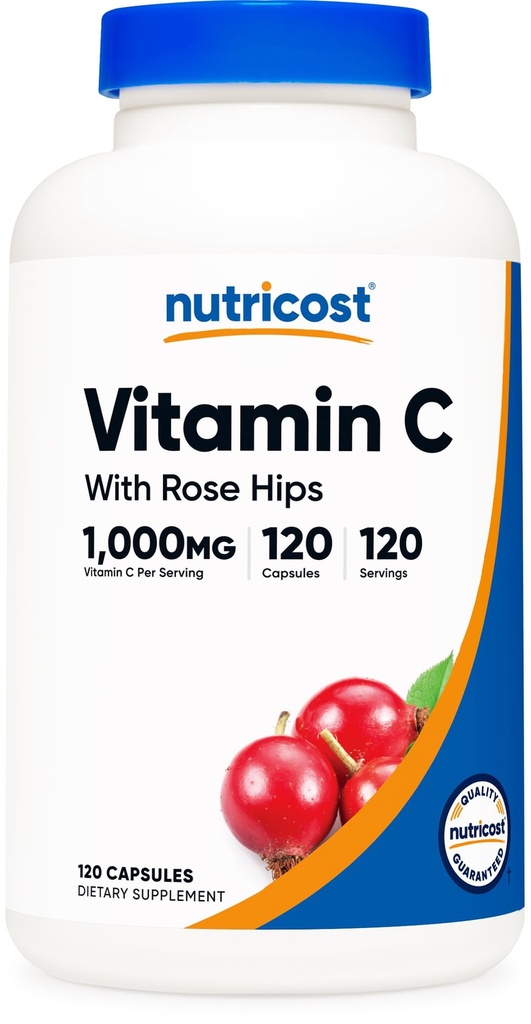 Vitamine C Nutricost avec Rose HIPS 1025mg, 120 Capsules - Vitamine C 1000mg, Rose HIPS 25mg, Premium, Non-OGM, Supplément sans gluten
