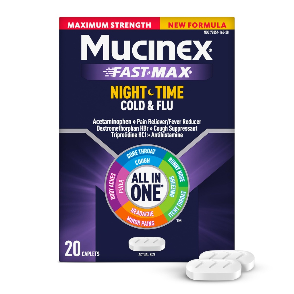 Mucinex Nachtverschuiving Koude en griep, maximale sterkte Krachtige Multi-Symptoom Nighttime Relief, 20 Fast Release Caplets - Pain Reliver/Fever Reducer, Cough Suppressant, Antihistamine