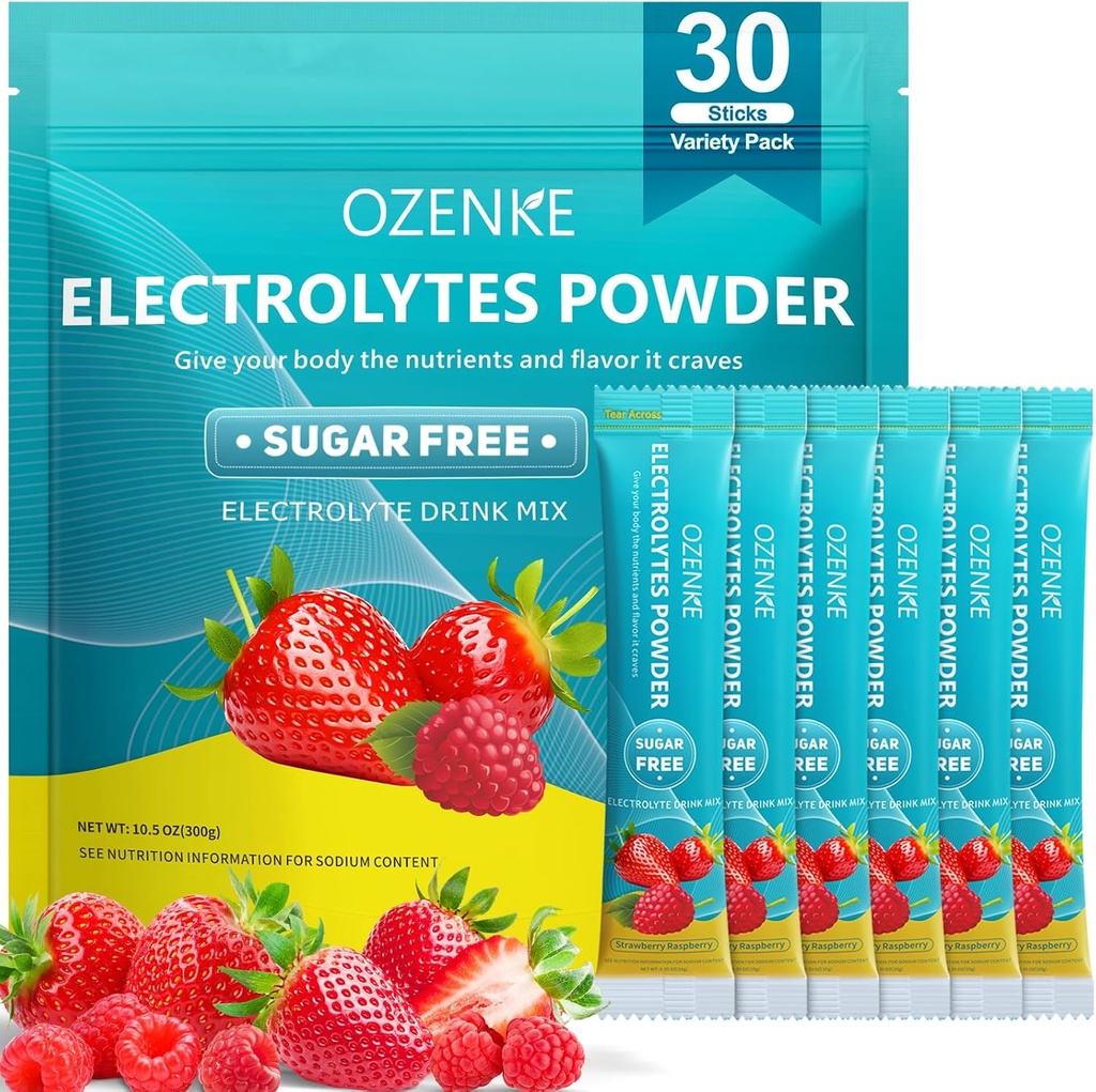 Packets en poudre d'électrolytes, 30 bâtons Packets d'hydratation Sans sucre, Mélange de boissons électrolytes Portable Packets d'électrolyte pour une hydratation rapide, 0 sucre et 0 calories, fraise et framboise