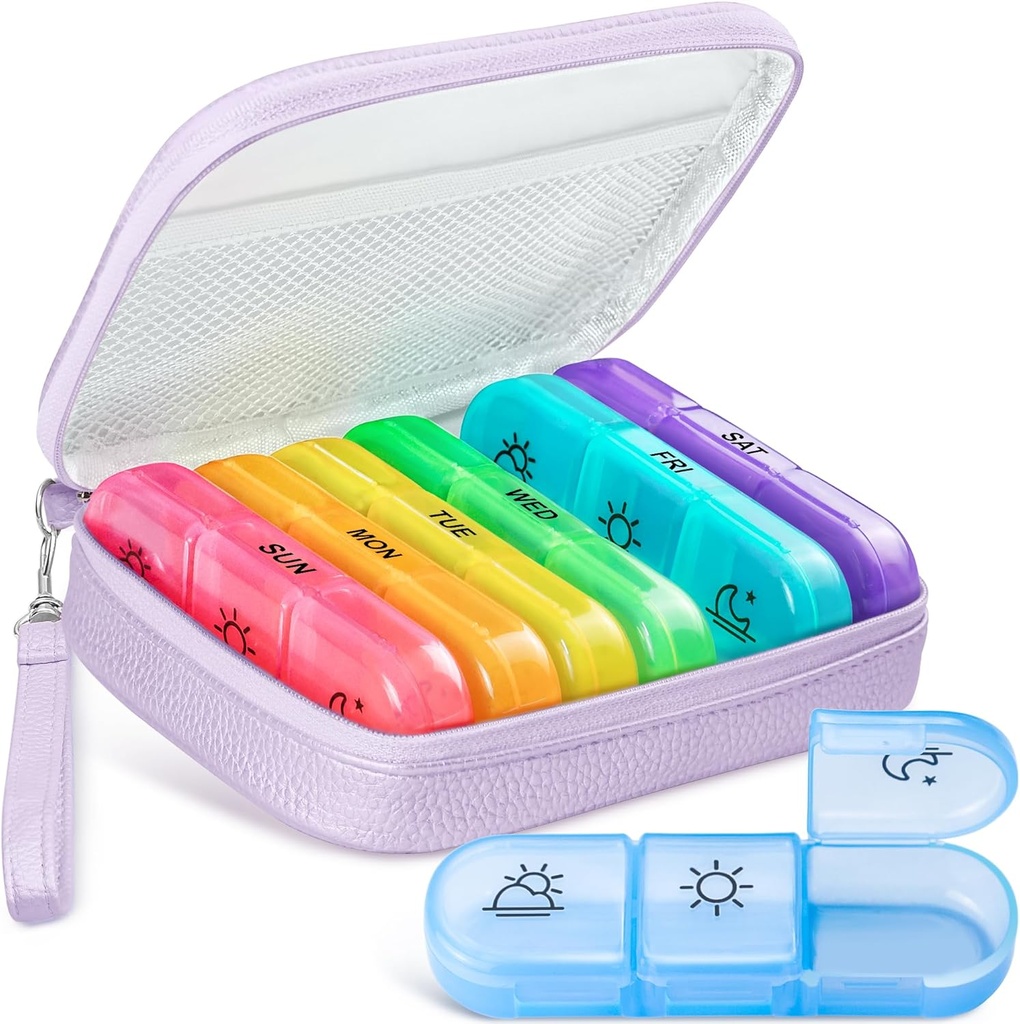 Leuke pil Organizer 3 keer per dag, grote dagelijkse pil geval voor vrouwen, draagbare pil doos 7 dag voor tas met zak en rits om vitamines, medicijnen, visolie, supplementen (Paars)