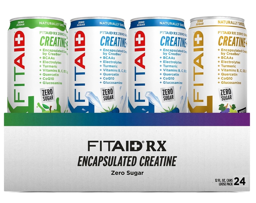 FITAID RX Zero Sugar, Encapsulated Creatine, Workout Recovery Drink, All-In-One Blend, BCAA's, Glucosamine, Turmeric, B-Complex, Electrolytes, Variety Pack, 12 Fl Oz (pakket van 24)
