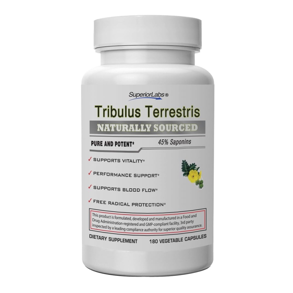 Superior Labs - Tribulus Terrestris - Performance Support & Cortisol Blocker met 45% Saponins, Hoge Potentie & Pure 1500mg Dosering, 180 Plantaardige Caps - Ondersteunt vitaliteit - met Toegevoegd BioPerine®