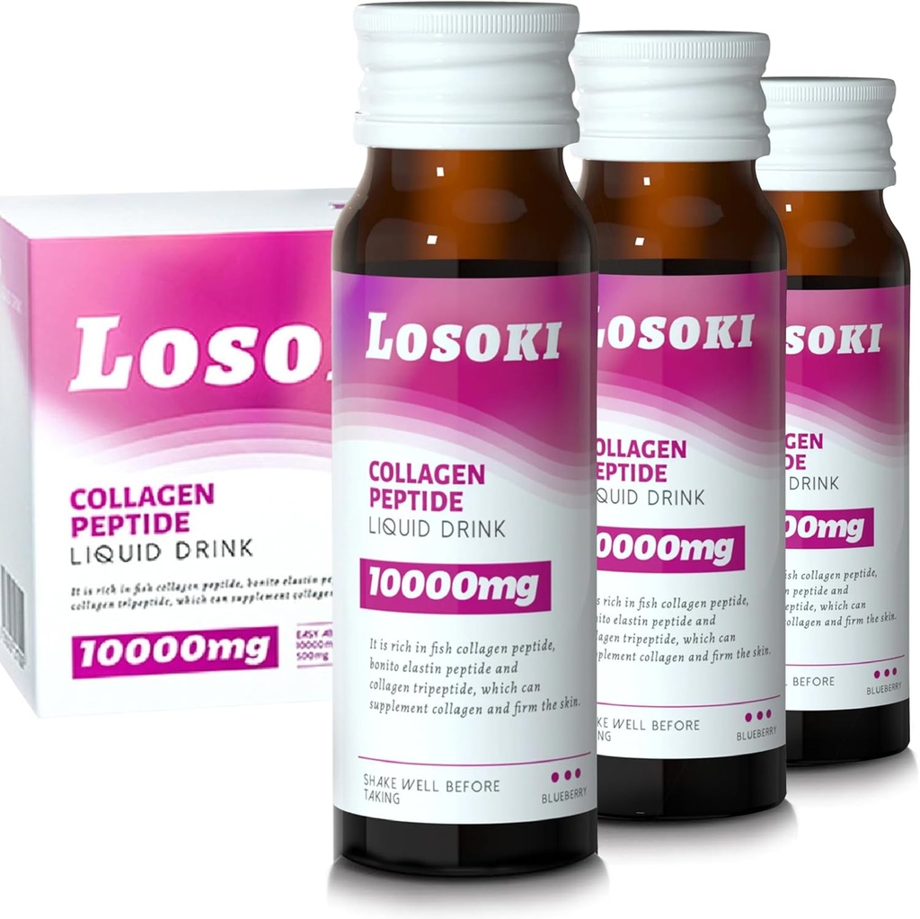 Losoki Liquid Collageen Peptide Drink - 10000mg Gehydrolyseerde Marine Collagen Peptiden met vitamine C, Premium Blend, bevorderen gezonde haarhuid Nagels gewrichten Bones, (1 Doos, 10 Flessen)