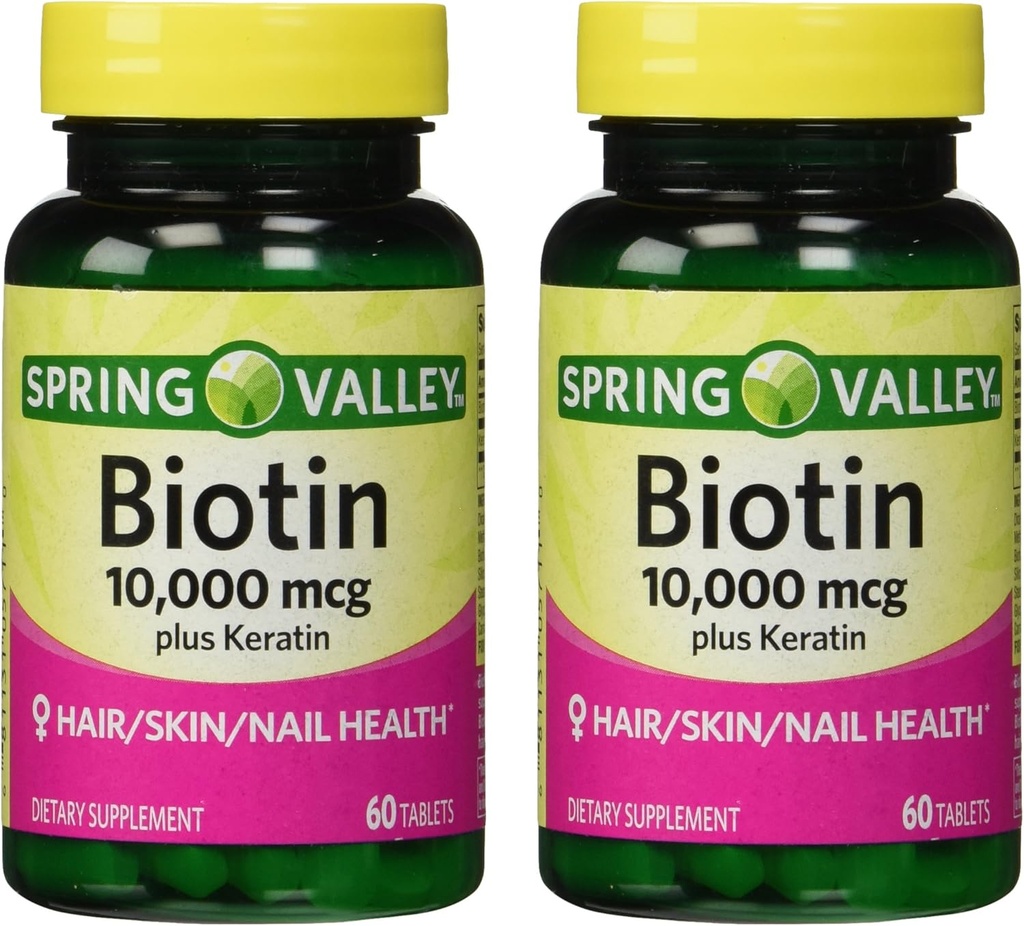 Spring Valley 10000mcg Biotine met 100mg Keratine Dieetsupplement, 60 Tellen (pack van 2)