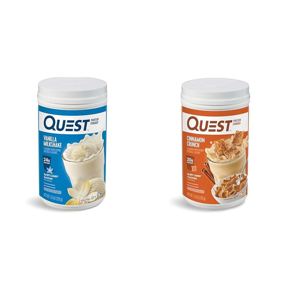 Quest Nutrition Vanille Milkshake Proteïne Poeder, 24g Proteïne, 1g Suiker, 1.6 Pond, 23 Servers & Cinnamon Crunch Proteïne Poeder, 20g Proteïne, 2g Net Carb, 1g Suiker, Lage Carb