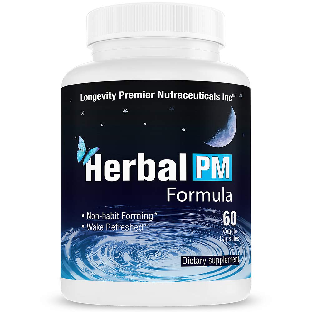 Longévité Herbal PM - Formule de sommeil à base de plantes avec 5 htp, mélatonine, Valerian et GABA. 60 Capsules de Veggie
