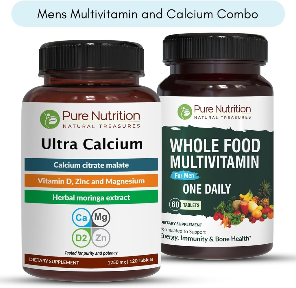Pure Nutrition Ultra Calcium 1000mg en Whole Foods Heren Multivitamines 1500mg voor gezonde botten, gewrichten en algemene welzijn. Ultra Calcium 90 Tabs + Heren Multivitaminen 60 Tabs.