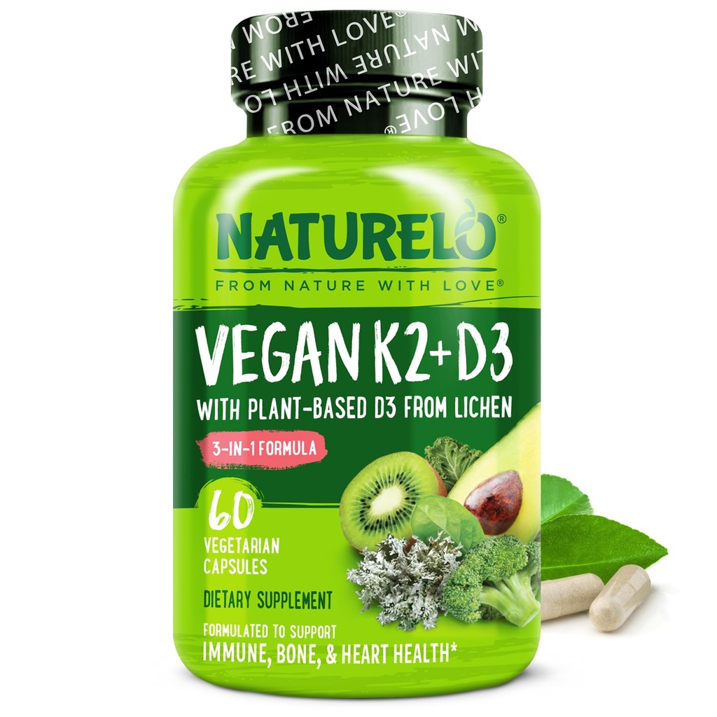 NATURELO Vitamine D3 K2 - Veganistisch met plantaardige D3 van Lichen - Natural Supplement for Immune System, Bone Support, Heart Health - Whole Food - Non-GMO - Glutenvrij, 60 Capsules