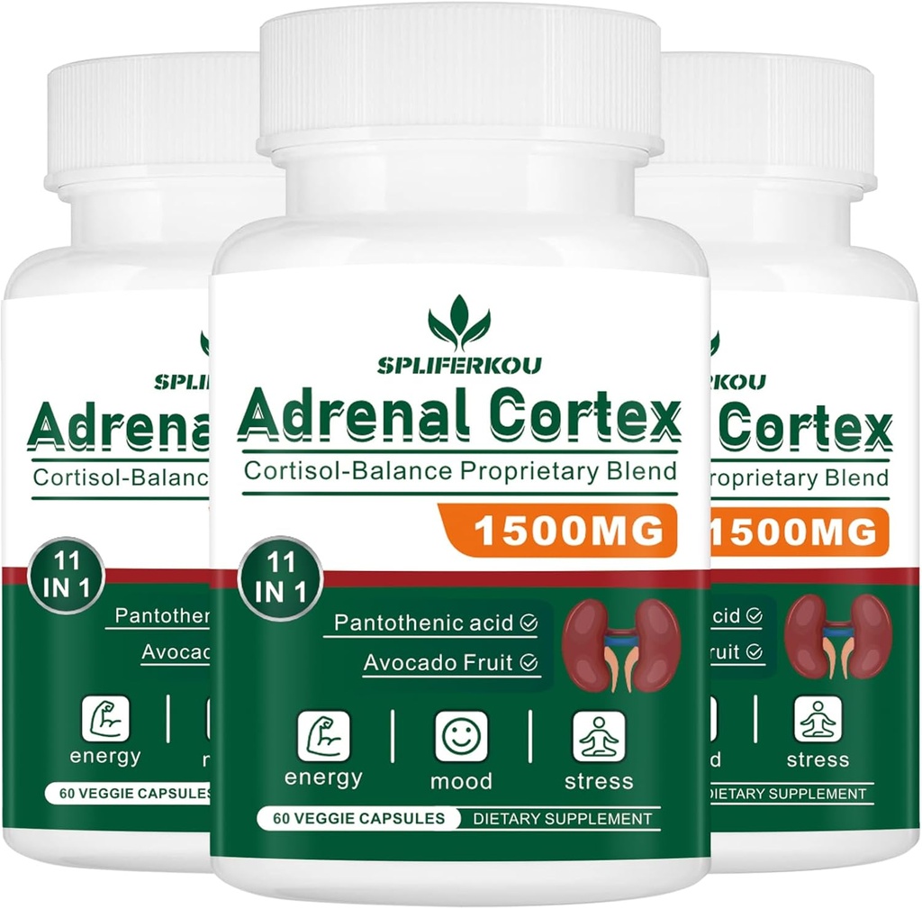 11-in-1 Adrenal Support Supplement, Cortisol Supplement met Pantotheenzuur en Ashwagandha - Ondersteunt gezonde adrenal functie, energie en ontspanning - 180 capsules