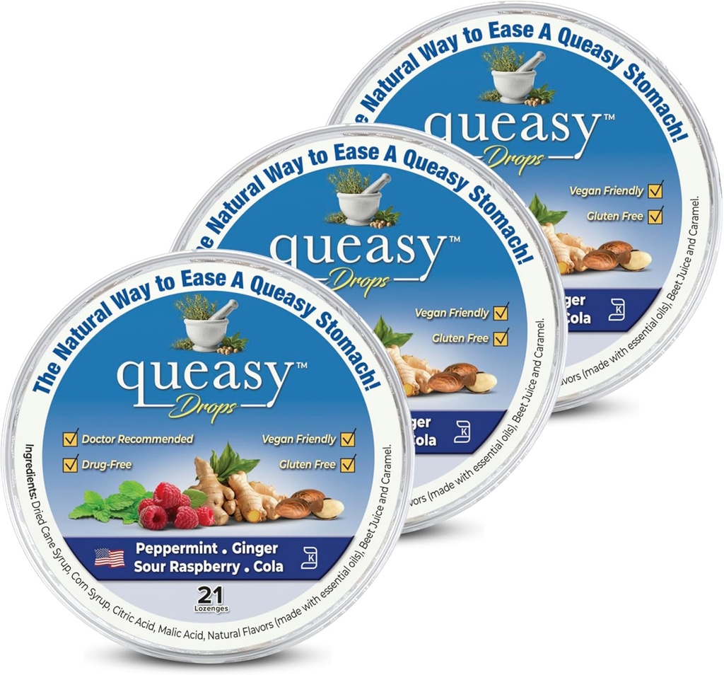 Drie Lollies Queasy Drops - Verlichting van misselijkheid en reisziekte - Verlicht een droge mond en rust de maag - natuurlijke ingrediënten - 4 smaken - 21ct (pakket van 3)