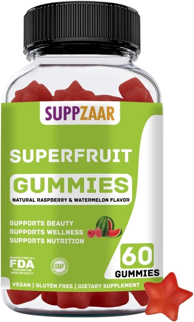 Vegan Superfruit Gummy Vitaminen. Superfruit Gummies w/Vitamine A C E Organisch Silica. Superfruit voor Collageen Formation, Beauty & Glow. Plant-based, niet-GMO, Glutenvrij, Gelatinevrij. 60 CT