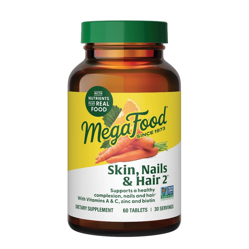 MegaFood Skin, Nails & Hair 2 - Vitaminen voor vrouwen en mannen - Biotine, Vitamine A, C, Zink, B6, E, Pantothenic Acid - Vegan - Made Without 9 Food Allergenen - 60 Tabs (30 Servers)
