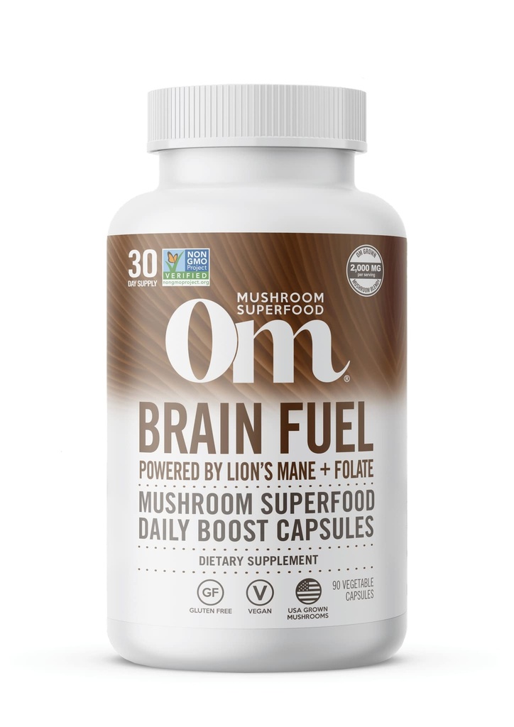 OM MUSHROOM SUPERFOOD Hersen Fuel Mushroom Powder Capsules Superfood Supplement, 90 Tel, 30 Dagen, Lion's Mane, Reishi Blend Plus Folate, Mental Clarity, Mushroom Supplement