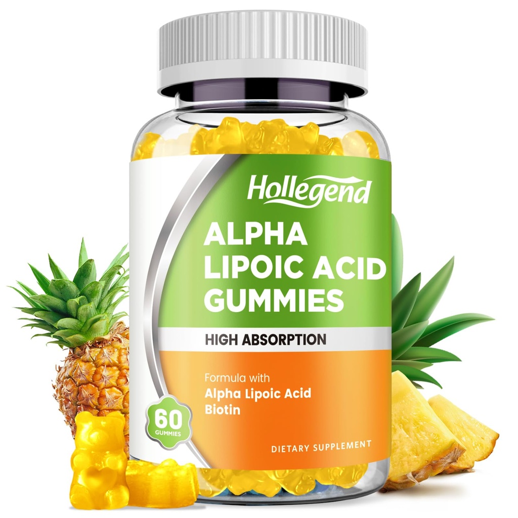 Alpha Lipoïne Acid Gummies 1000Mg met Biotine, Hoge Absorptie Kauwbare ALA Supplement voor Antioxidant, Hersengezondheid en Zenuwondersteuning, Ananas smaak, Suikervrij, 60 Kauwen