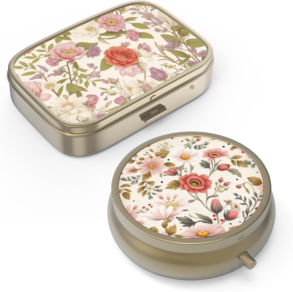 Pillen Organisator pil Box met Spiegel Retro kleine pil geval voor Purse of Pocket bronzen pil Box of vitamines, visolie, supplementen, pil bevatten reizen geschenken(2PCS-Retro rode bloemen)