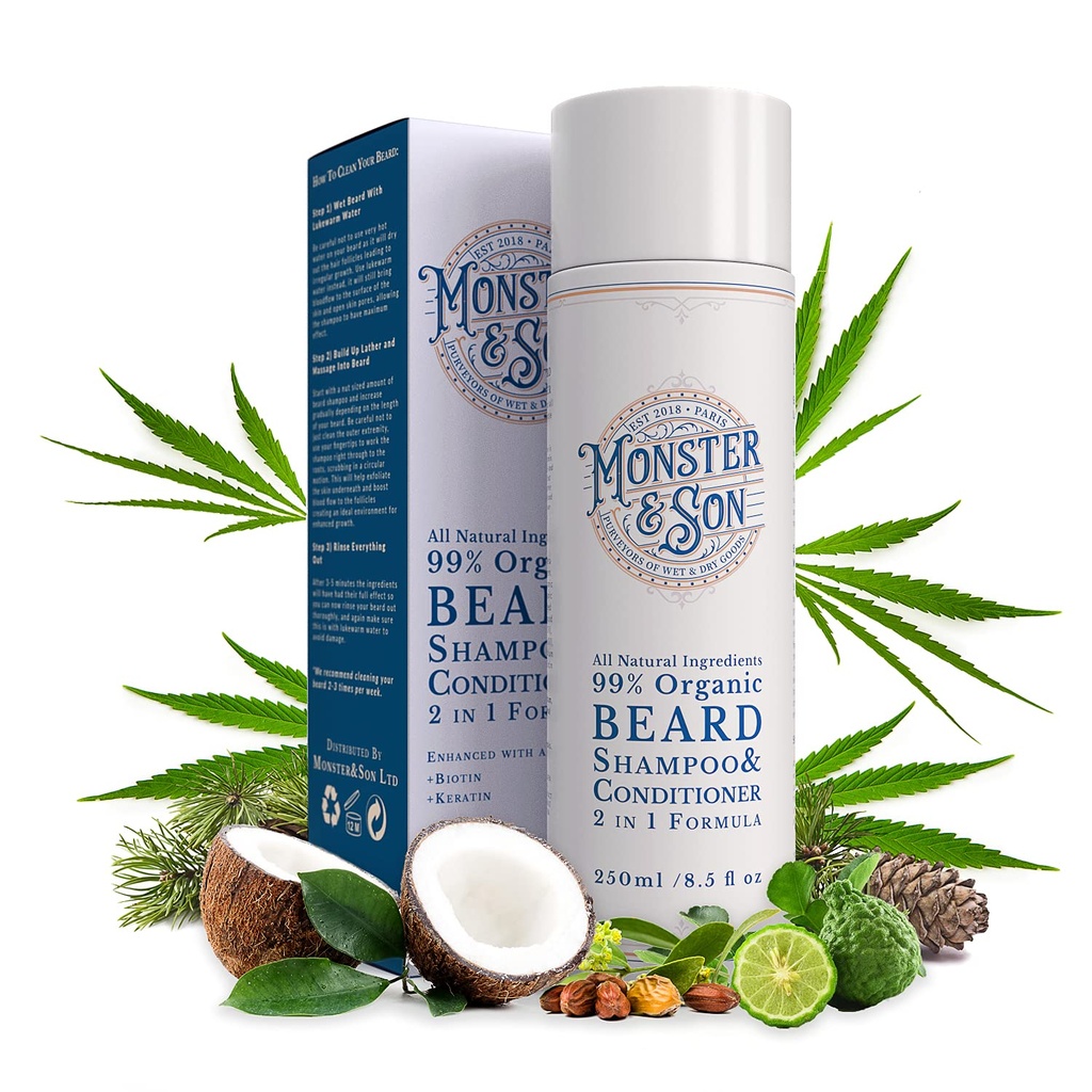 Monster&Son Biologische Baardshampoo & Conditioner 2 in 1 - Baardwas met conditioning voor mannen - Voorzichtige gezichtsreiniger voor gevoelige huid - Hypoallergeen, Parabenen & Sulfaatvrij - Langdurend 250ml