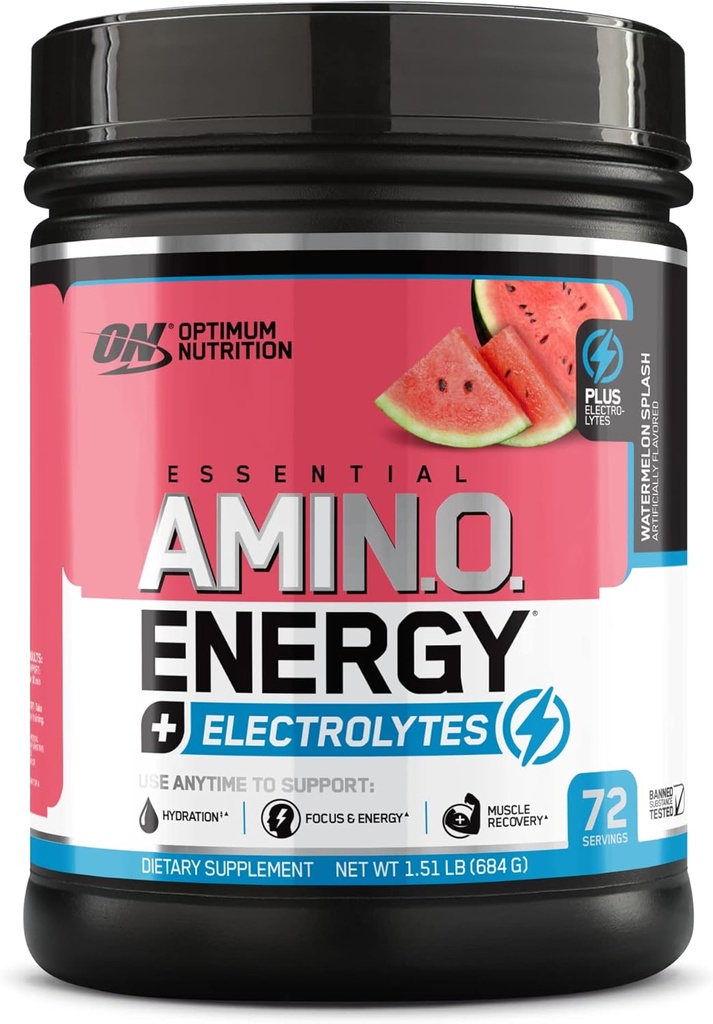Optimale voeding Essentiële AMIN.O Energie & Elektrolyten - Energie, Focus & Post-workout Muscle Recovery - Watermeloen Pre-workout Electrolyte Powder Drink - Watermeloen Splash, 1,51 lb (72 Servers)