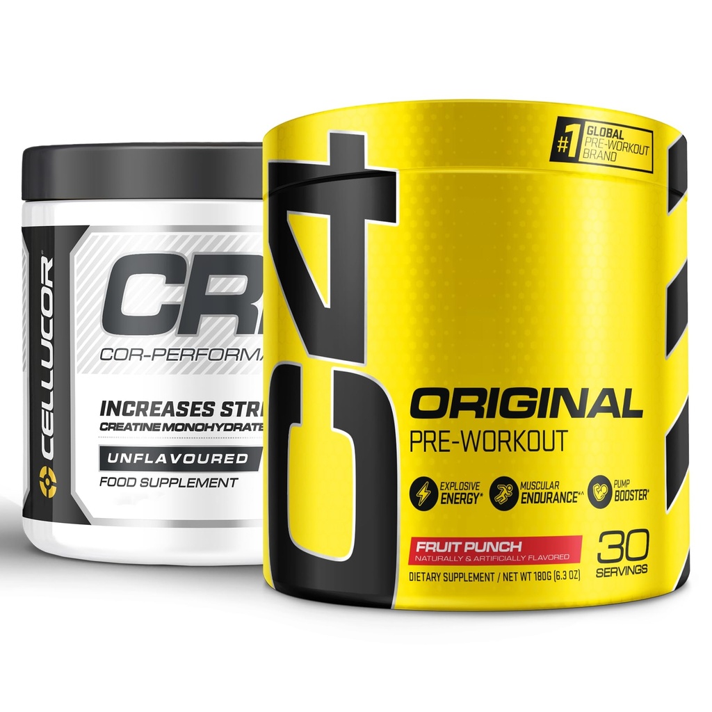 Cellucor pre workout & Creatine Bundle, C4 Originele pre workout poeder, fruit punch, 30 porties + Cor Performance Creatine Powder, 72 porties