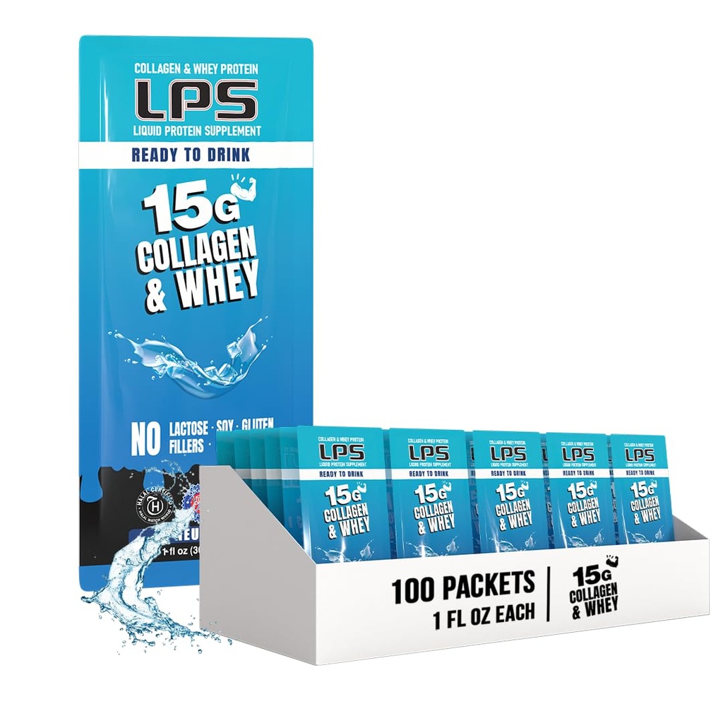 LPS Liquid Collageen & Whey Protein Supplement - Non-GMO Drink, Sugar-Free - bevordert gezonde huid en haar voor mannen en vrouwen, Neutral, Single Serve (100 Packets)