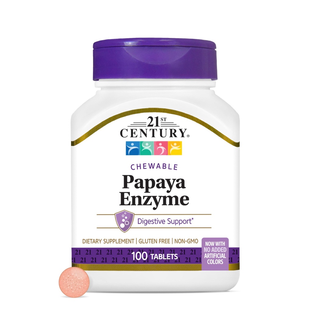 21e eeuw Papaya Enzyme Kauwbaar (100 telling), Papaya & Ananas Decompensative Enzymes for Gut Health, Tropical Flavor, Non-GMO, Glutenvrije, Geen toegevoegd zout, kunstmatige smaken