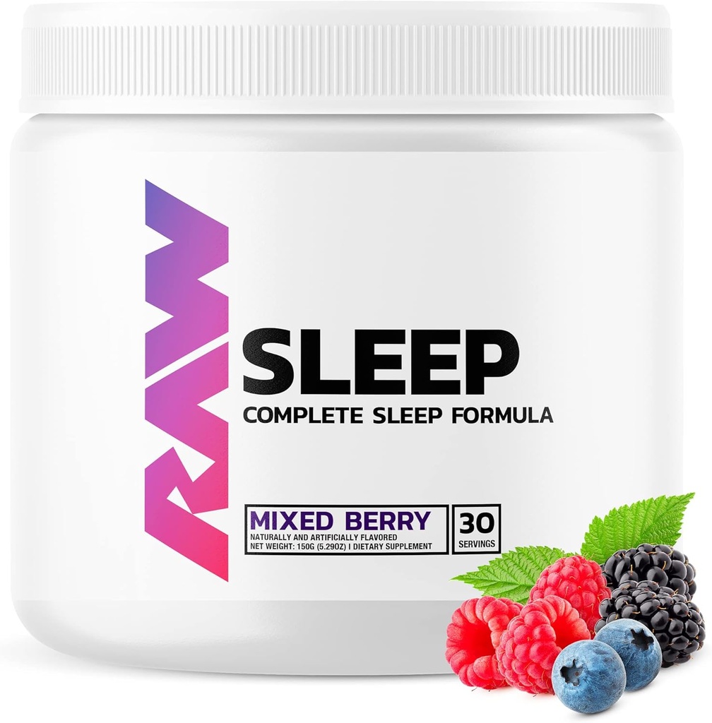 RAW Natural Sleep Aid Supplement - Relaxation Enhancer & Mood Support with Melatonine, Magnesium, Zink, L-Tryptofaan & Lemon Balm Extract to Relax & Calm The Mind & Body - 30 Servings, Mixed Berry
