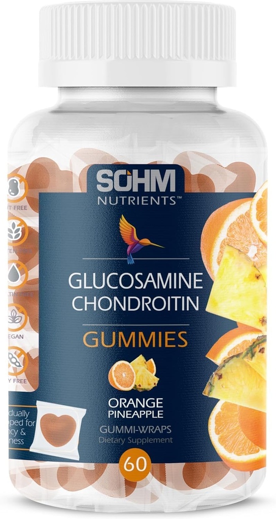 SOhm Glucosamine en Chondrotin Gummies 60 Tel individueel verpakt, Ondersteunt gewrichten Gezondheid en Bones Gezondheid, Glucosamine Chondroitin Gummies voor mannen en vrouwen Vegetarisch (Pineapple,Orange)