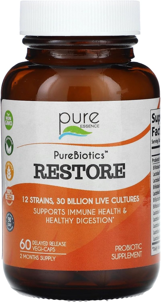 PURE ESSENCE LABS Restore Probiotic Supplement 30 miljard CFU - Probiotica voor mannen en vrouwen - 12 strepen voor Immune Support and Digestief Health - Natural Support for Relief of Constipatie (60 Caps)