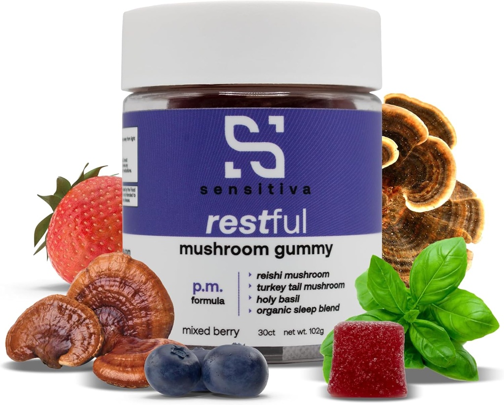 Sensitiva Restful Mushroom Gummies P.M. Formula - Reishi & Turkey Tail Mushroom Supplement Gummies, Mushroom Gummies for Sleep, Relaxation & Stress Relief (Mixed Berry P.M. Formule)