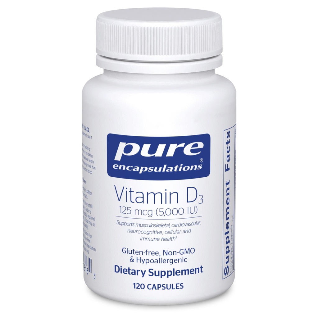 Encapsulations pures Vitamine D3 125 mcg (5 000 UI) - Supplément pour soutenir la santé des os, des articulations, des seins, du coeur, des colonies et des immunes* - avec vitamine D - 120 capsules