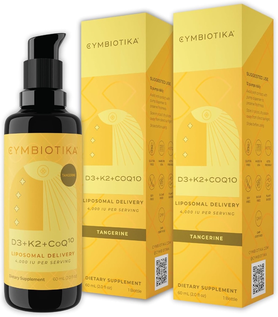 CYMBIOTIKA Vitamine D3 + K2 + CoQ10 Liquid, Vitamine D Supplement voor Immune Support, Hart Gezondheid & Bone Health, Energie Booster, Liposomale levering, Vegan, Tangerine smaak, 2pck (4.0 fl oz.)