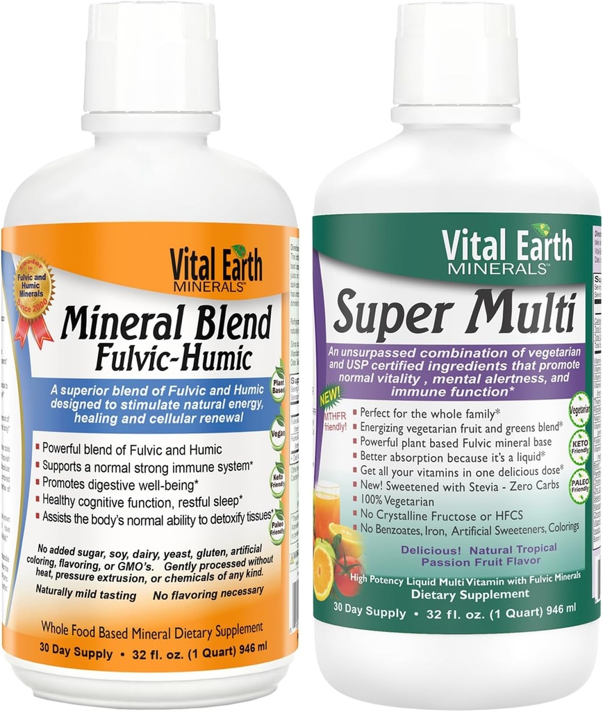 Vital Earth Minerals Detox & Wellness Support Fulvic Humic Mineral Blend with 70+ Trace Minerals + Super Multi, Liquid Multivitamines, MTHFR Support, 32 Oz Ea