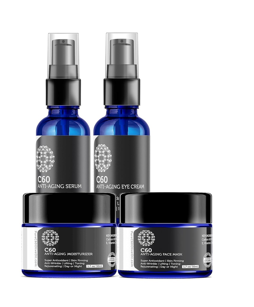 C60 Complete oplossing voor huidverzorging - Antiveroudering Moisturizer, Masker, Eye Cream en Serum met Carbon 60 Superantioxidant - Verhelderend voor donkere vlekken, Zelfs huidtone, Ooggebied, Fine Lines & Rimpels