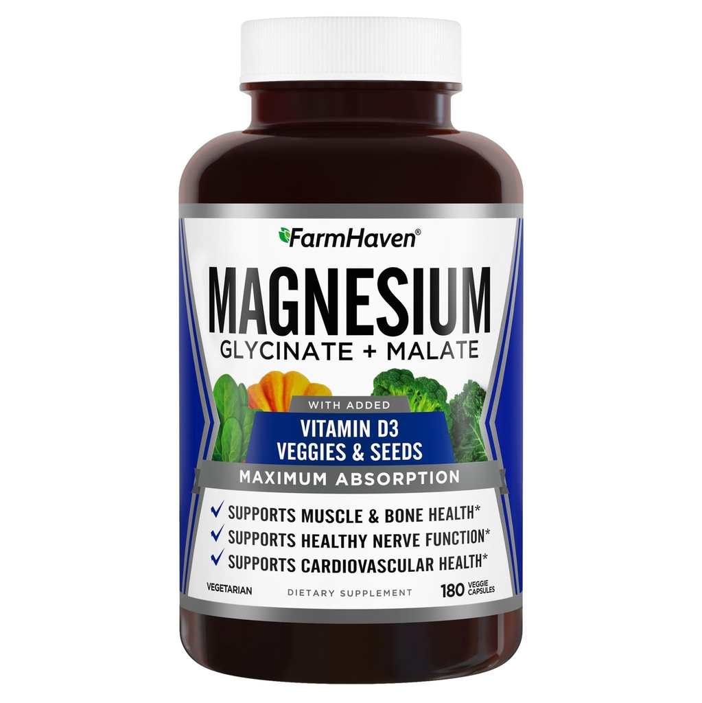FarmHaven Magnesium Glycinate & Malate Complex w/Vitamine D3, 100% gecheleerd voor Max Absorptie, Vegetarische 
