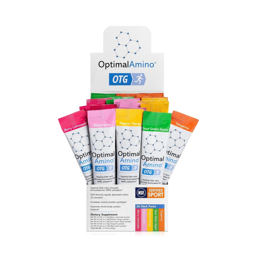 OptimalAmino OTG Stick Packs, 5 Flavor Variety Box (30 Count), 99% Gebruikt Essentieel Aminozuur (EAA) Supplement, Verhoog Muscle Recovery, Vegan/Keto Pre/Post Workout, NSF gecertificeerd voor Sport