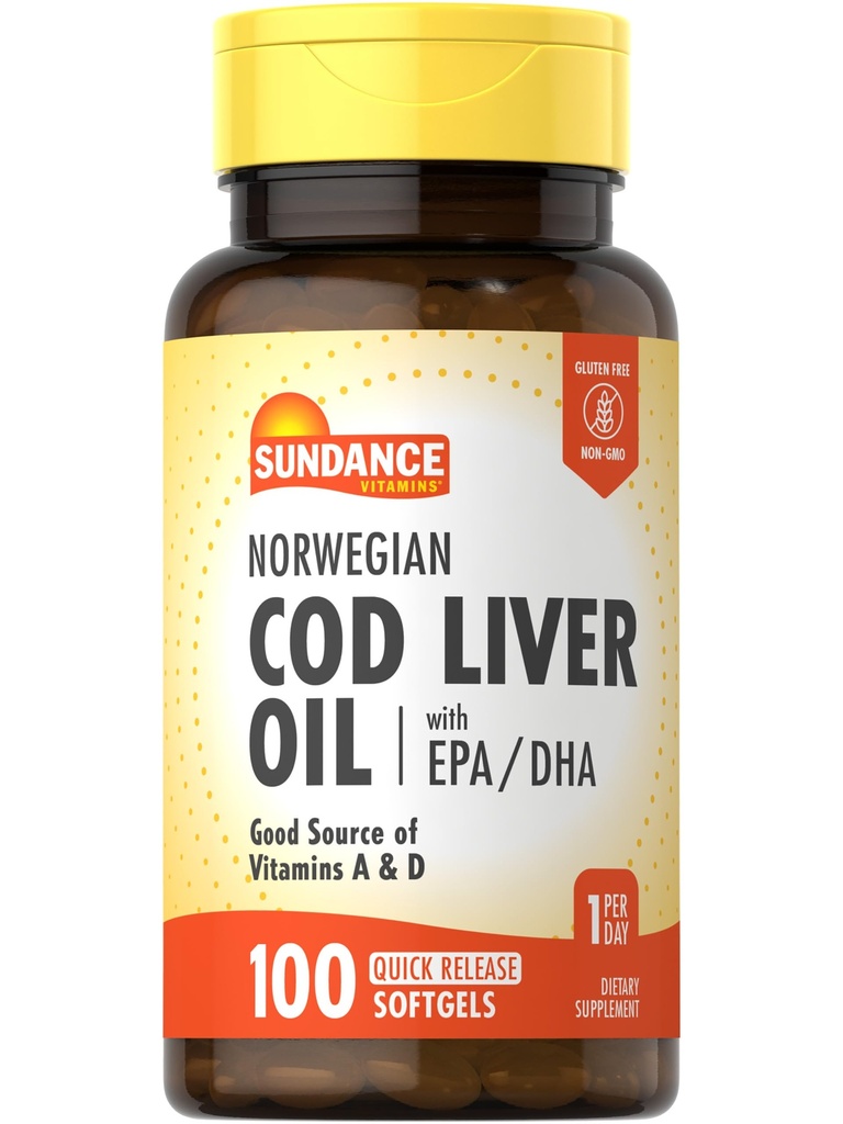 Sundance Norwegian Cod Liver Oil 100 Softgels met EPA en DHA Goede Bron van Vitaminen A & D Niet-GMO en Glutenvrij Supplement