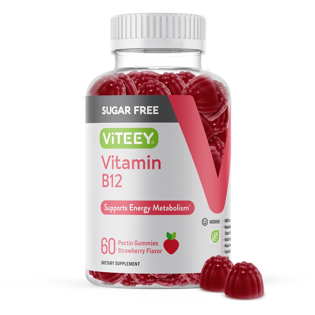 Vitamin B12 Gummies voor volwassenen & tieners 1000mcg, suikervrij - Goed voor energie, metabolisme, natuurlijke energie ondersteuning - veganistisch, gelatinevrij, glutenvrij, GGO-vrij - Kauwbare aardbeiensmaak