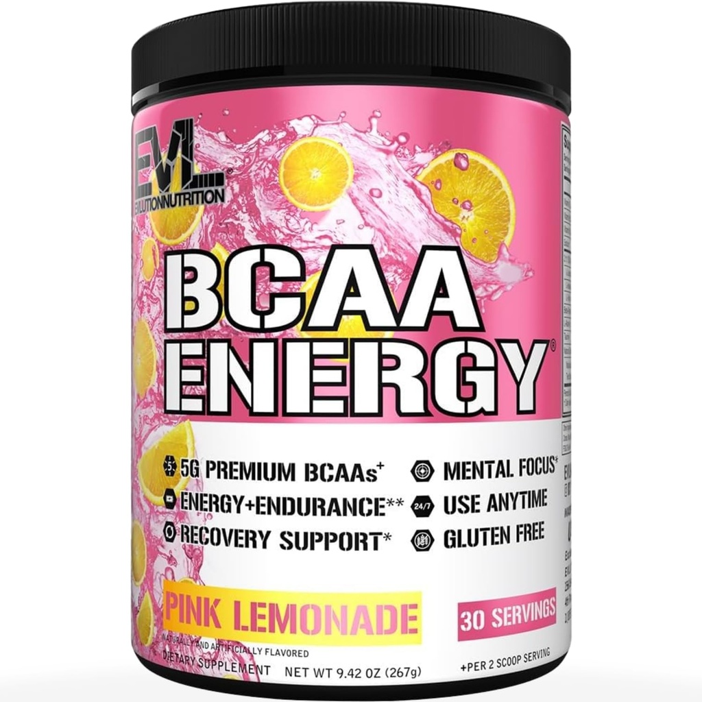 EVL BCAAs Amino Acids Powder - BCAA Energy Poudre de pré-entraînement pour la récupération des muscles Plongeons croissance et endurance - Réhydrater la boisson de récupération post-entraînement avec de la caféine naturelle - Cimonade rose