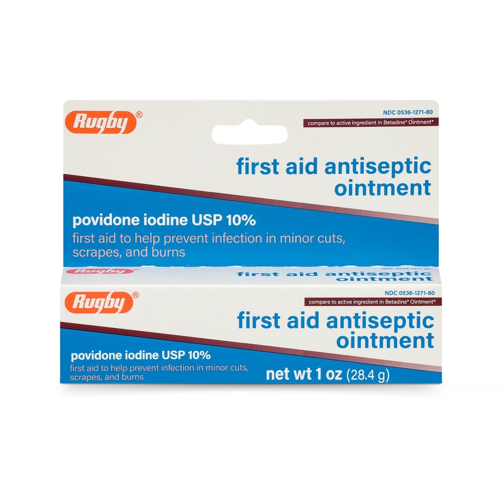 Rugby Premiers soins Onguent antiseptique, Povidone Iodine USP 10% Solution topique, aide à prévenir l'infection dans les coupures mineures, les éraflures et les brûlures - 1 Oz.